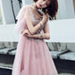 Pink v neck tulle short prom dress  8222