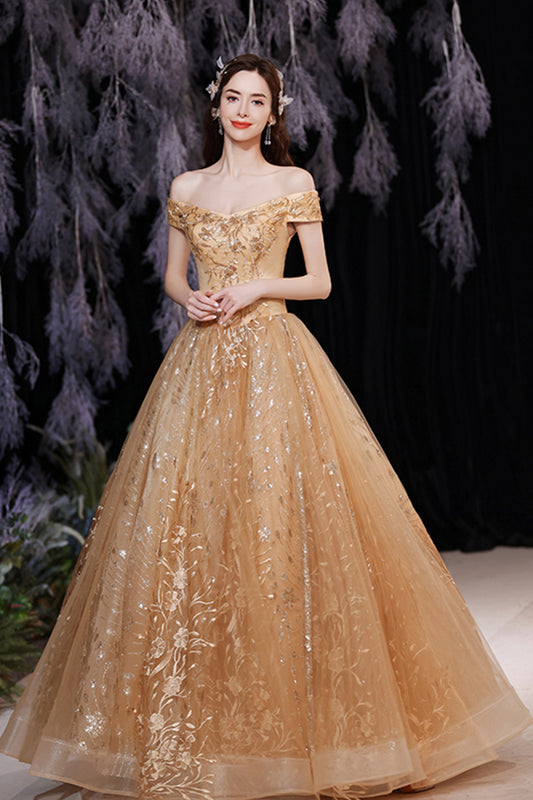 Gold tulle sequins long A line prom dress evening dress  8861
