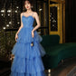 Blue tulle long A line prom dress blue evening dress  8906