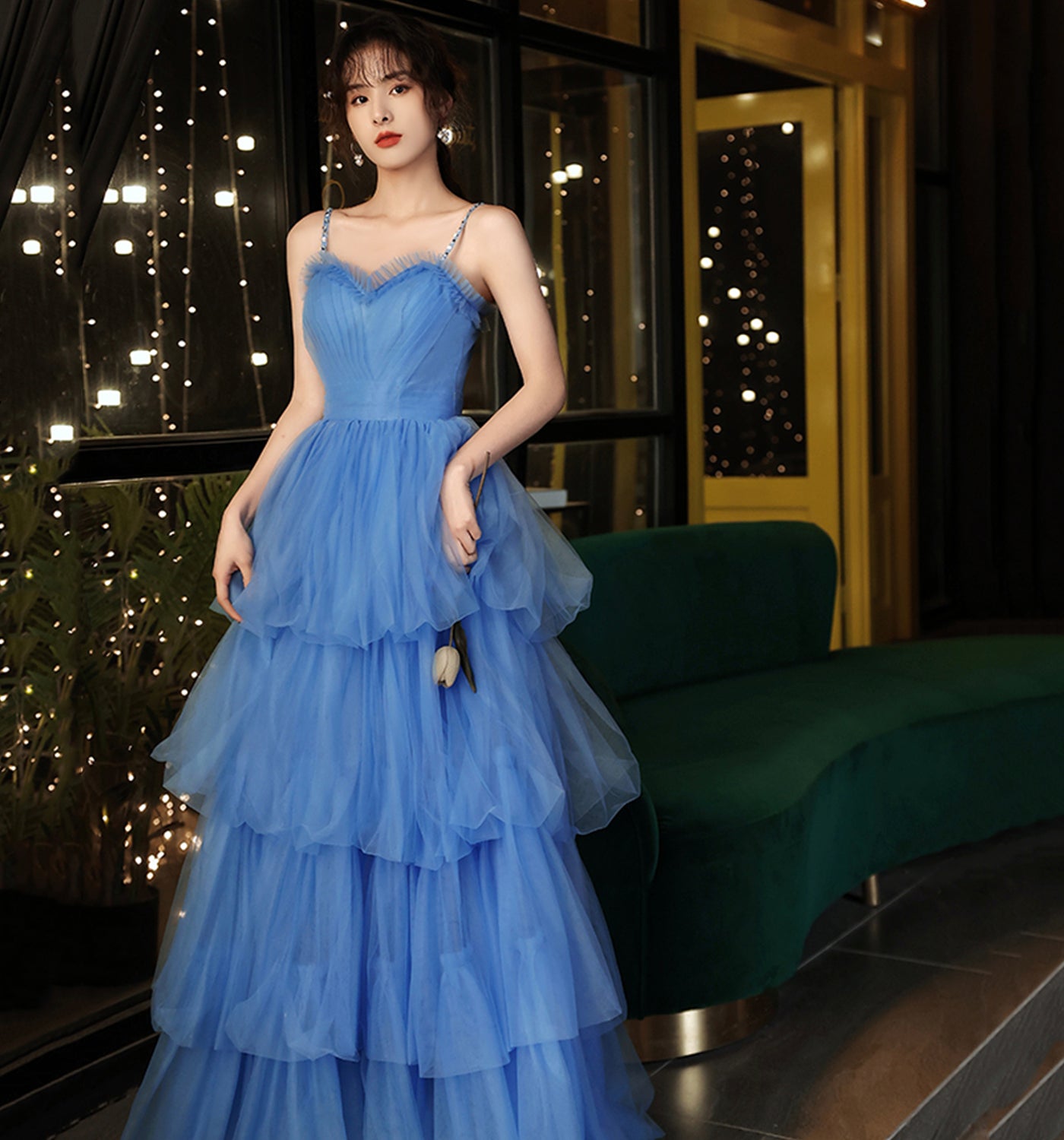 Blue tulle long A line prom dress blue evening dress  8906