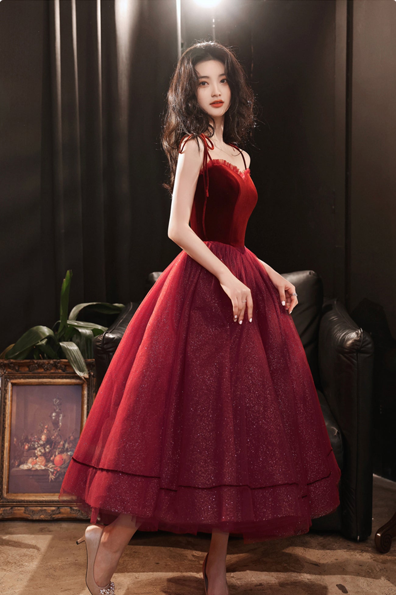 Burgundy tulle short A line prom dress party dress  8788