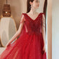Red tulle beads long A line prom dress evening dress  8794
