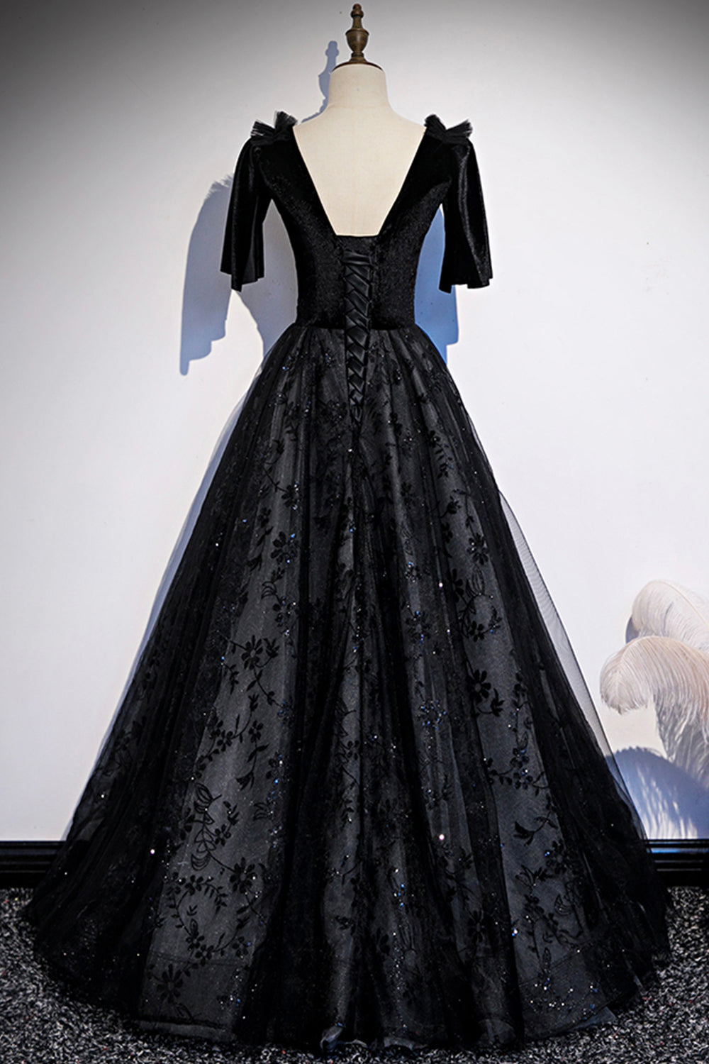 Black velvet lace long prom dress evening dress  8502