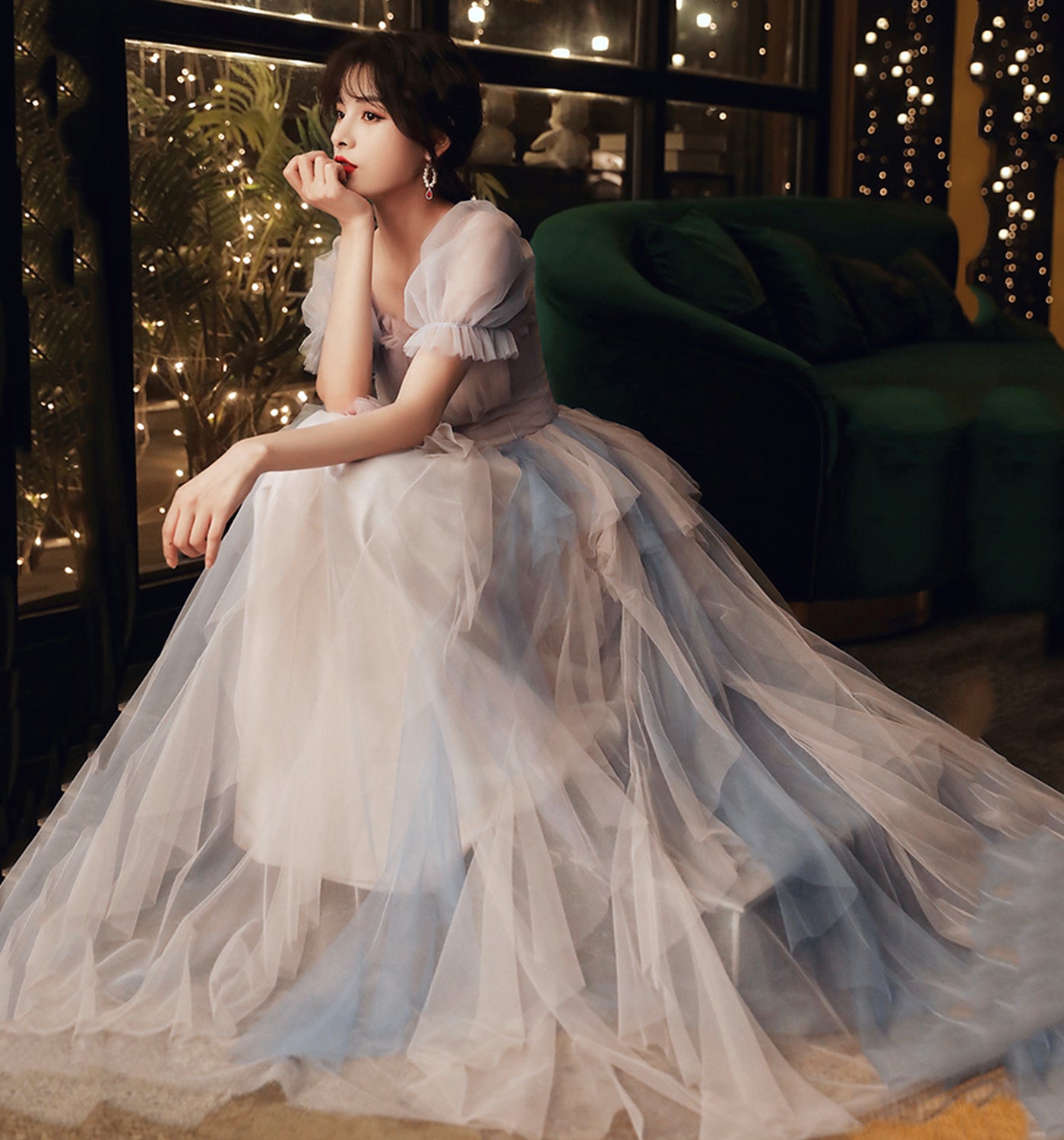 Cute tulle long A line prom dress evening dress  8905