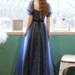 Blue tulle long A line prom dress blue evening dress  8658