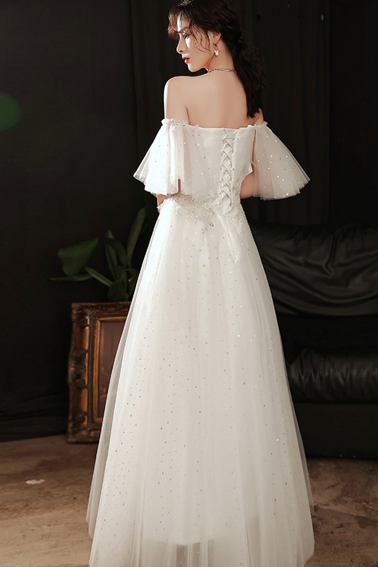 Weißer Tüll, langes A-Linien-Abschlussballkleid, weißes Abendkleid 8762