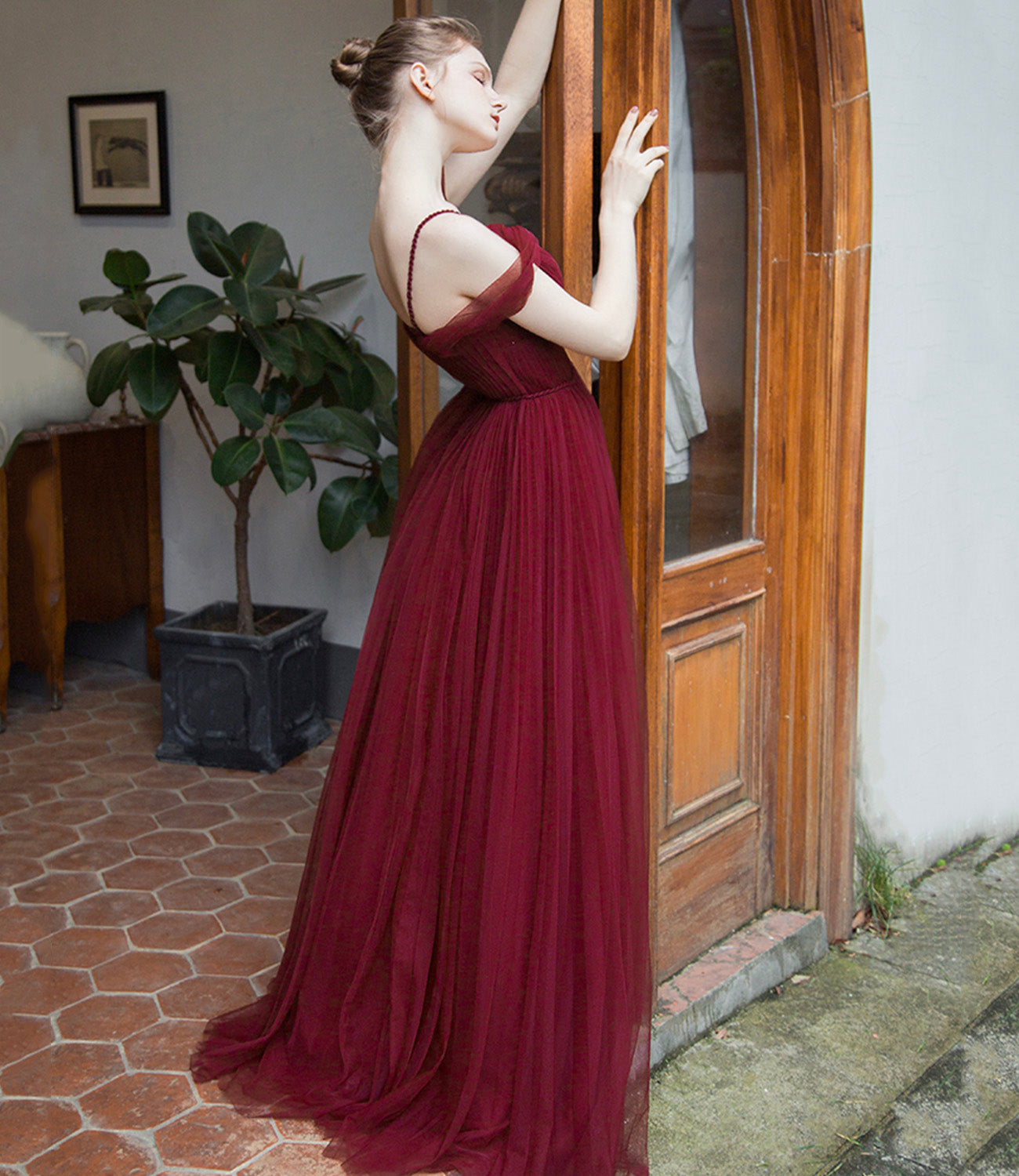 Burgundy tulle long prom dress simple evening gown  8941