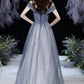 Langes Ballkleid aus grauem Tüll mit Perlen, glänzendes Abendkleid 8569