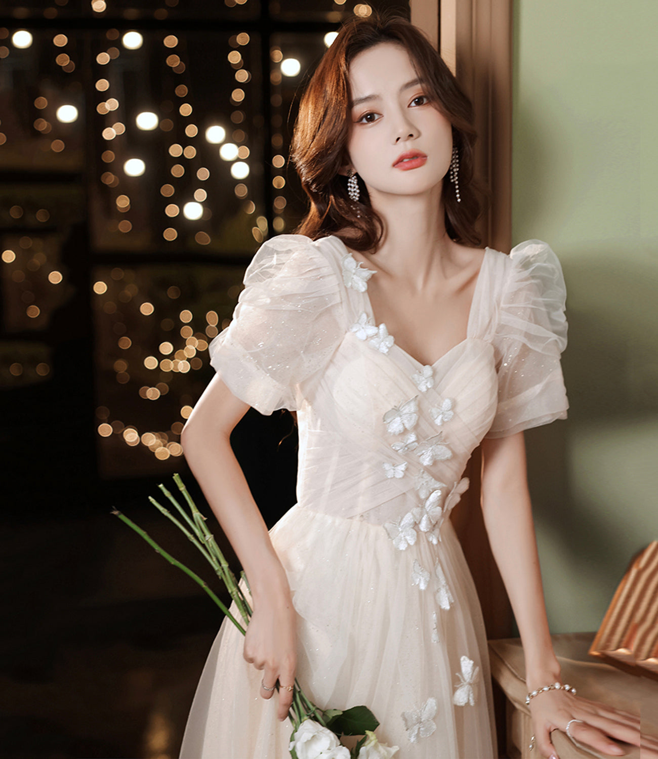 Champagne tulle long A line prom dress evening dress  8883