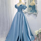 Shiny satin long A line prom dress blue evening dress  8845