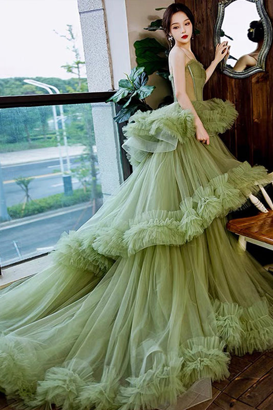 Green tulle long A line prom dress green evening dress  8809