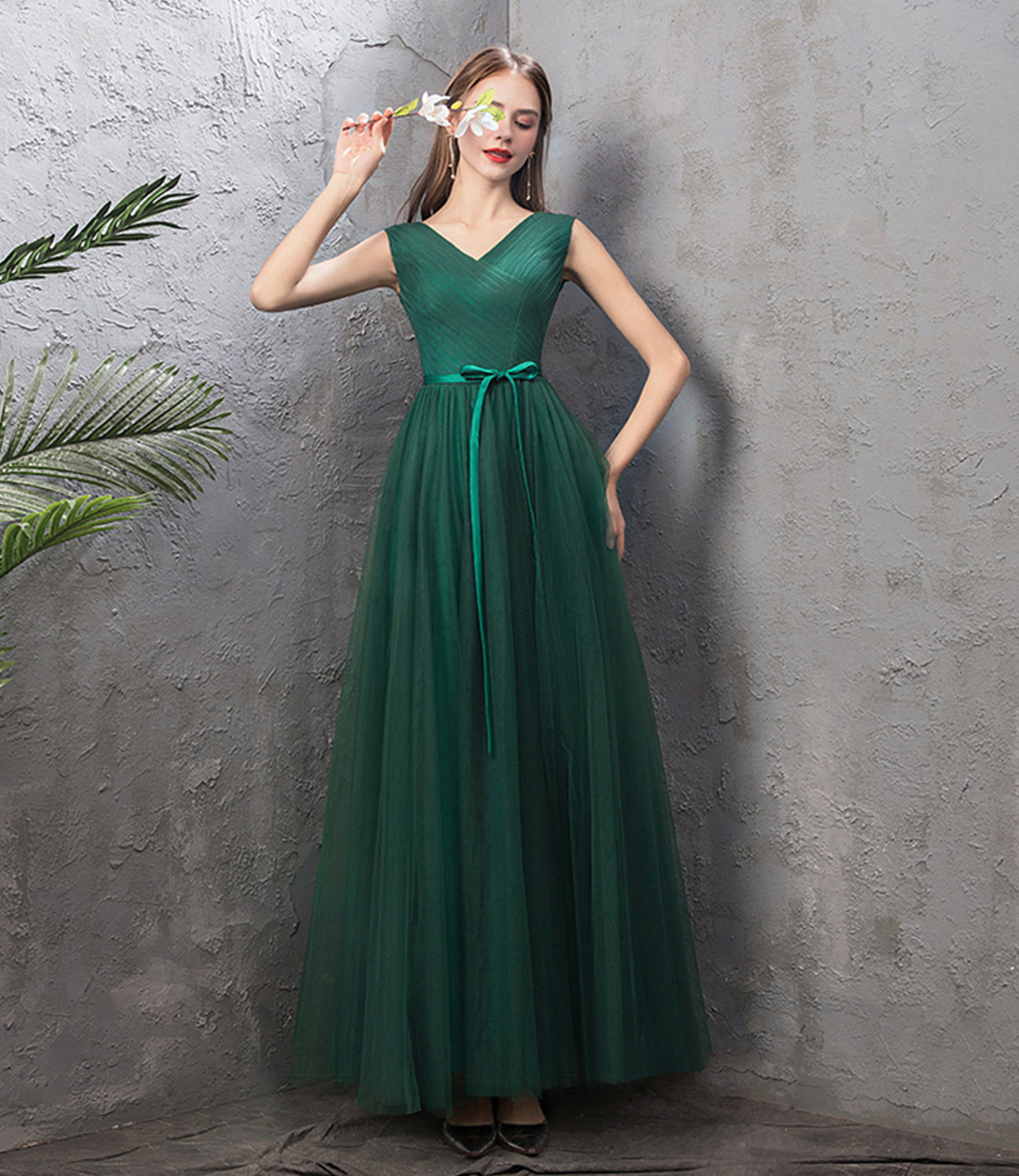 Green tulle long A line prom dress green evening dress  8868