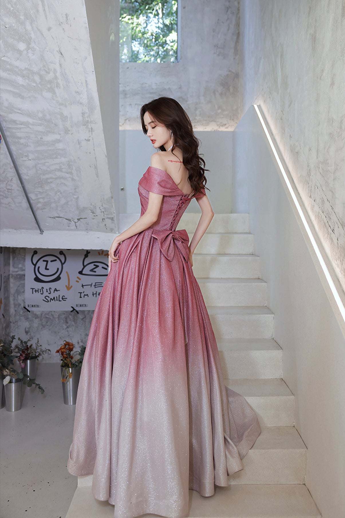 Pink gradient long A line prom dress pink evening dress  8742