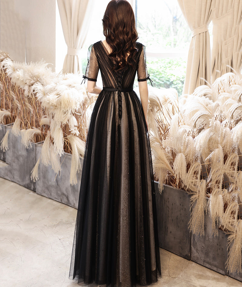 Black tulle long prom dress black evening dress  8529