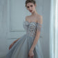 Grey tulle beads long prom dress evening dress  8498