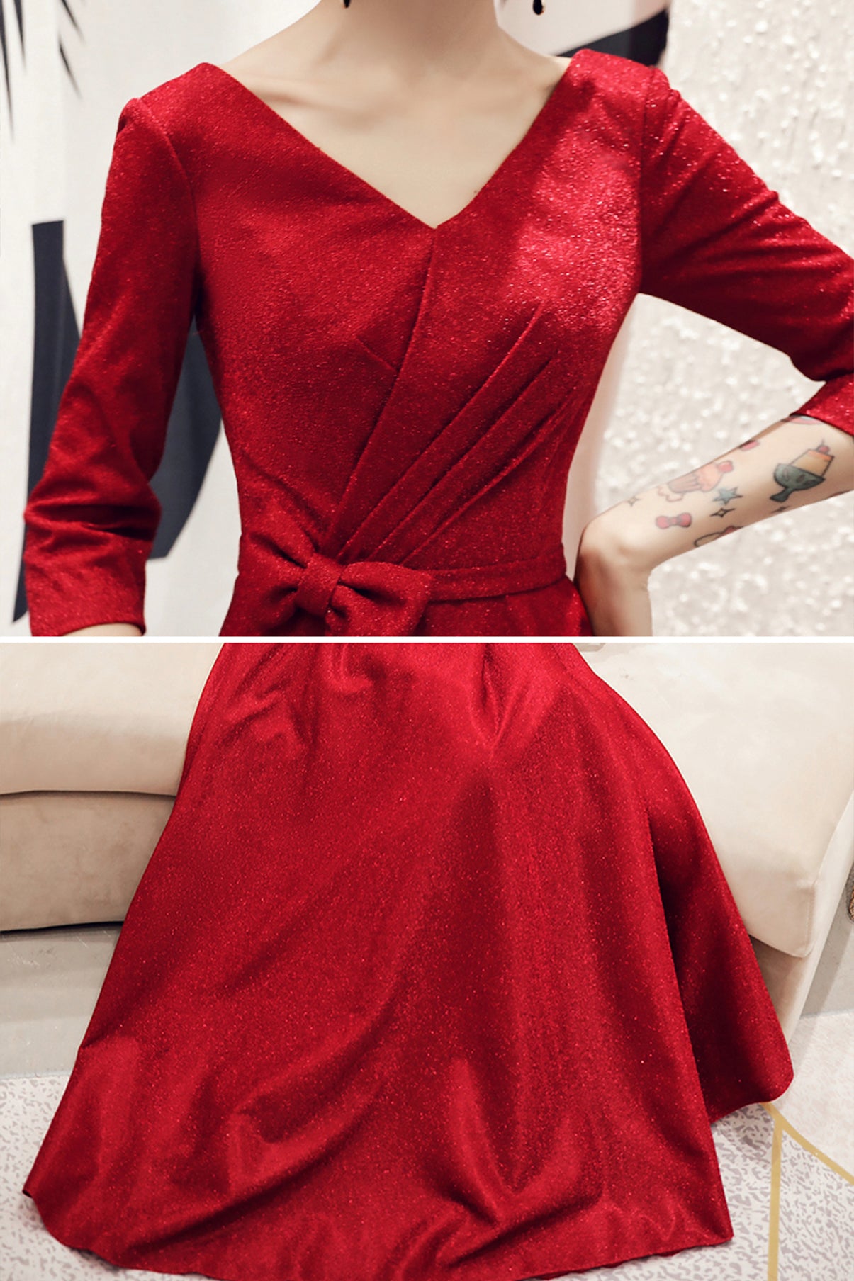 Burgundy v neck long A line prom dress evening dress  8758