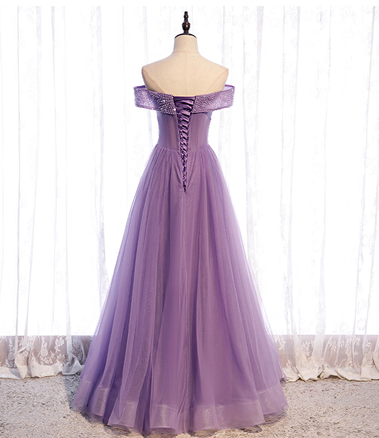Purple tulle beads long A line prom dress evening dress  8790