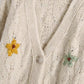 Langärmliger, lockerer Strickmantel mit Blumenstickerei und V-Ausschnitt 7727