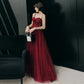 Burgundy sweetheart neck tulle long prom dress, evening dress  7971
