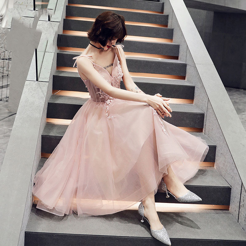 Pink v neck tulle lace short prom dress, evening dress  7987