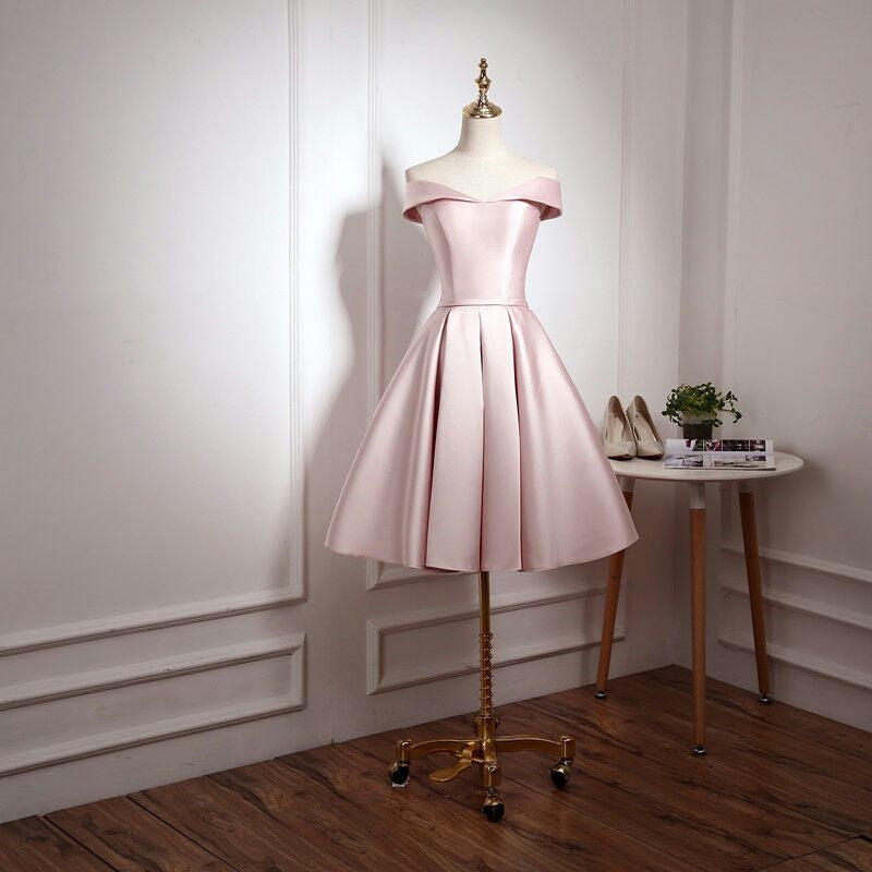 Simple satin short prom dress pink evening dress  8208