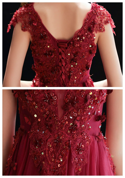 Burgundy v neck lace sequins long prom dress, evening dress  7968