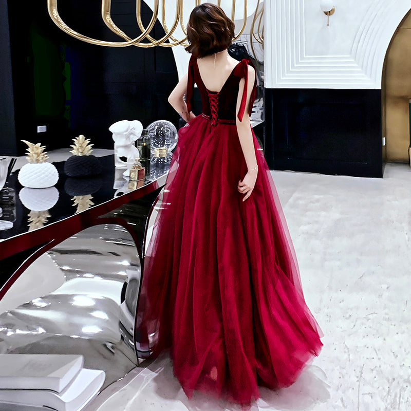 Burgundy velvet tulle long prom dress party dress  8193
