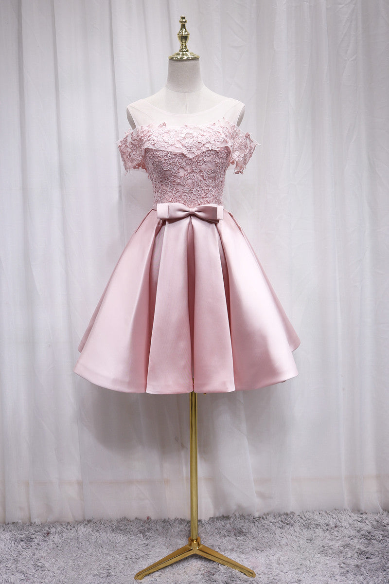 Pink satin lace short prom dress  8210
