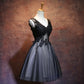 Black v neck tulle applique short prom dress, homecoming dress  7888