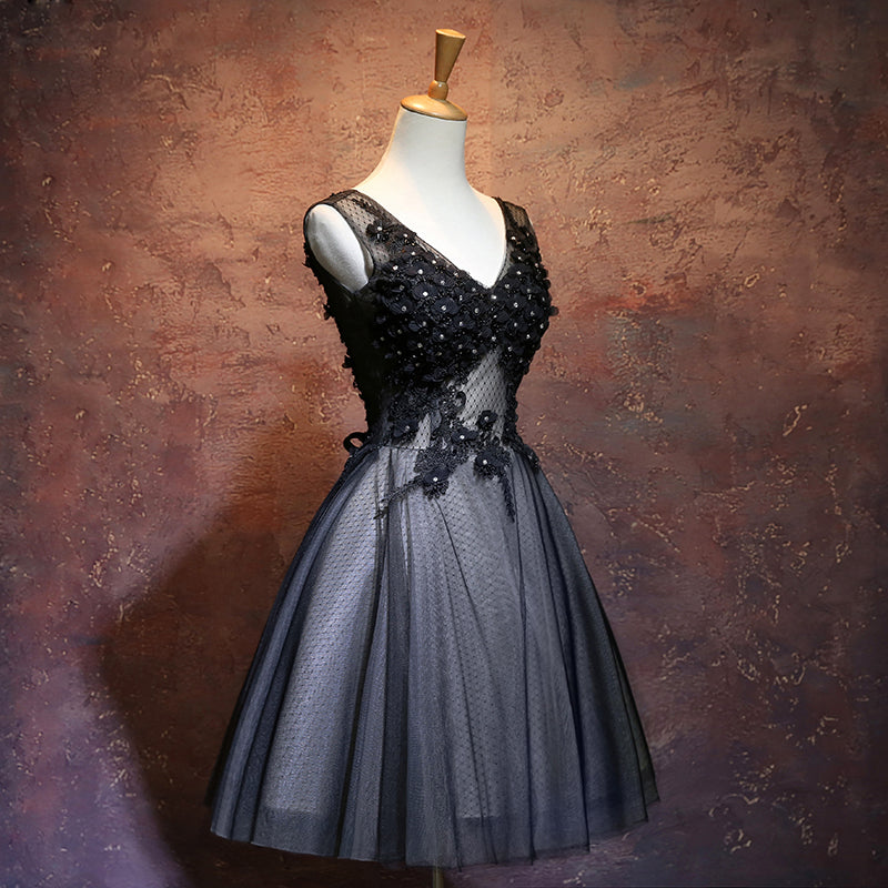 Black v neck tulle applique short prom dress, homecoming dress  7888