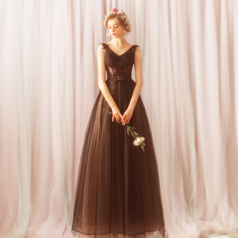 Black v neck tulle lace long prom dress, lace evening dress  7849