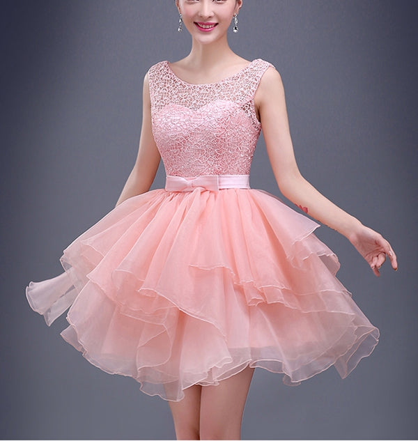 Charming A-line pink lace short prom dress,homecoming dresses  7707