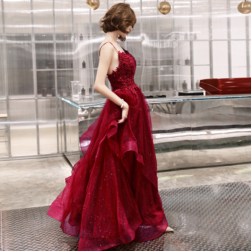 Burgundy lace tulle long A line prom dress  8220