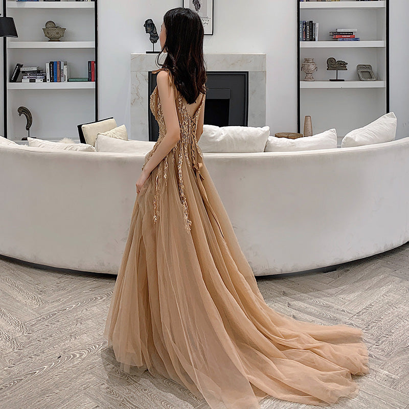 Stilvolles langes Ballkleid aus Tüll mit V-Ausschnitt, Abendkleid 8024