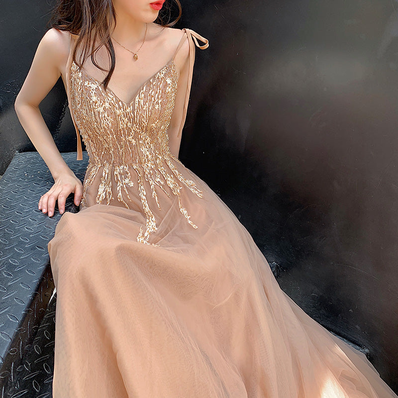 Stylish v neck tulle long prom dress, evening dress  8024