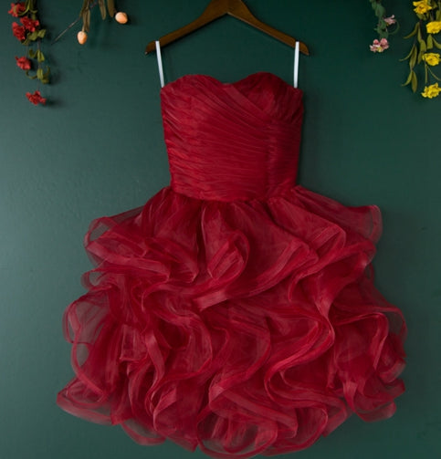 Süßes kurzes Abschlussballkleid aus burgunderfarbenem Tüll, burgunderfarbenes Abendkleid, Heimkehrkleider 7658