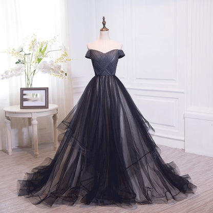 Black tulle off shoulder long prom dress, black evening dress  7899
