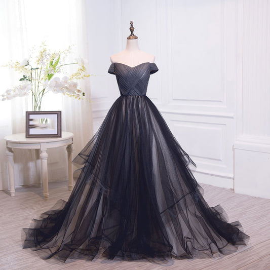 Robe de bal longue en tulle noir à épaules dénudées, robe de soirée noire 7899