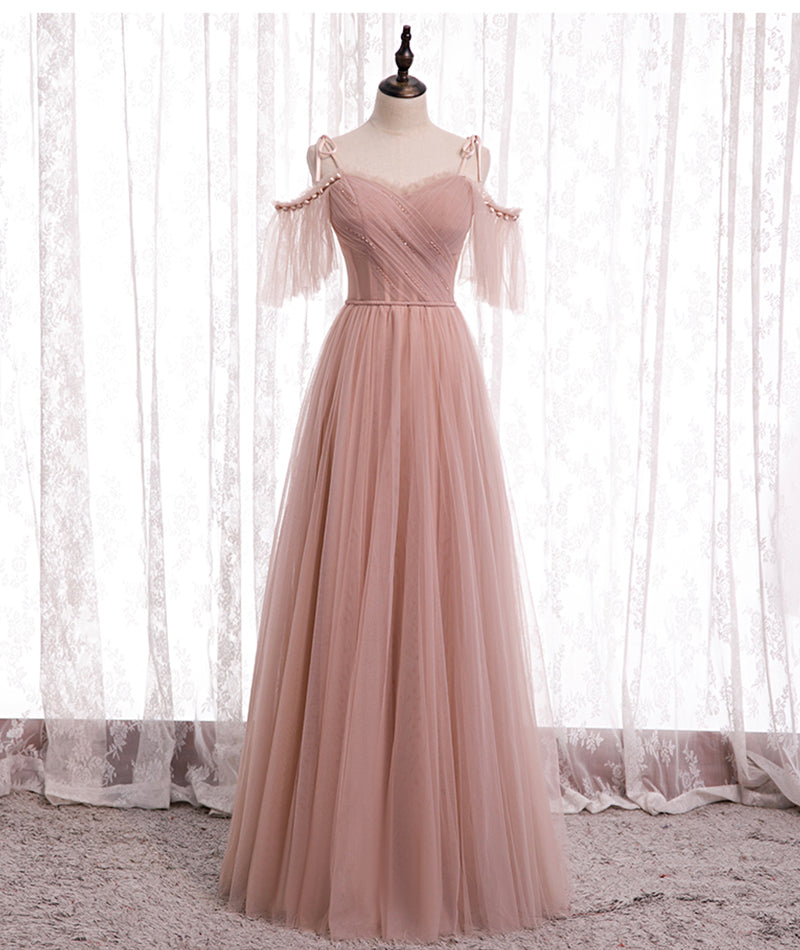 Pink A line tulle long prom dress bridesmaid dress  8369