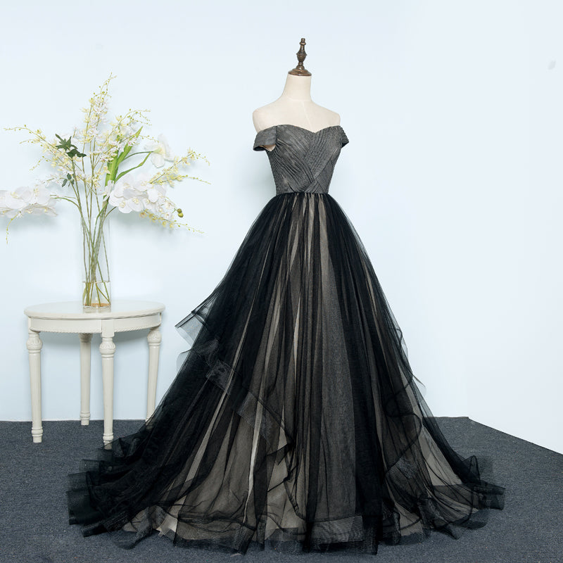 Black tulle off shoulder long prom dress, black evening dress  7899