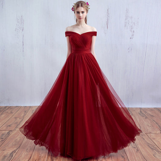 Burgundy v neck tulle long prom dress, burgundy evening dress  7902