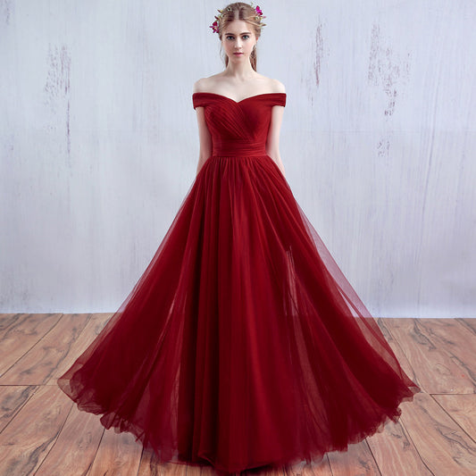 Robe de bal longue en tulle bordeaux à col en V, robe de soirée bordeaux 7902