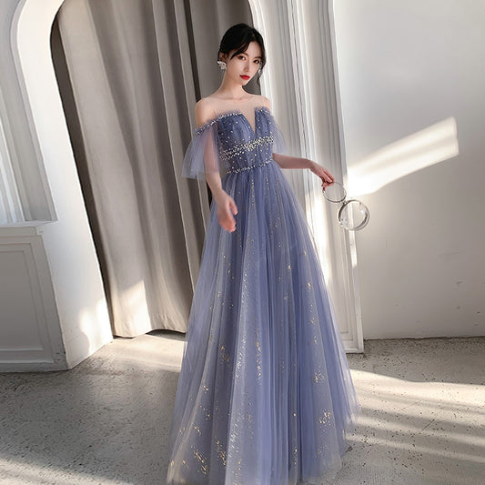 Stylish blue tulle long prom dress, blue evening dress  8098