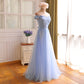 Blue tulle lace long prom dress, blue evening dress  8012
