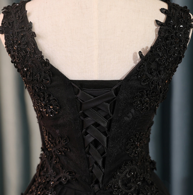 Cute black v neck lace short prom dress,homecoming dresses  7680