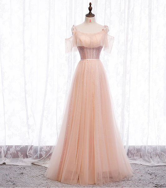 Pink tulle sequins long prom dress  8348