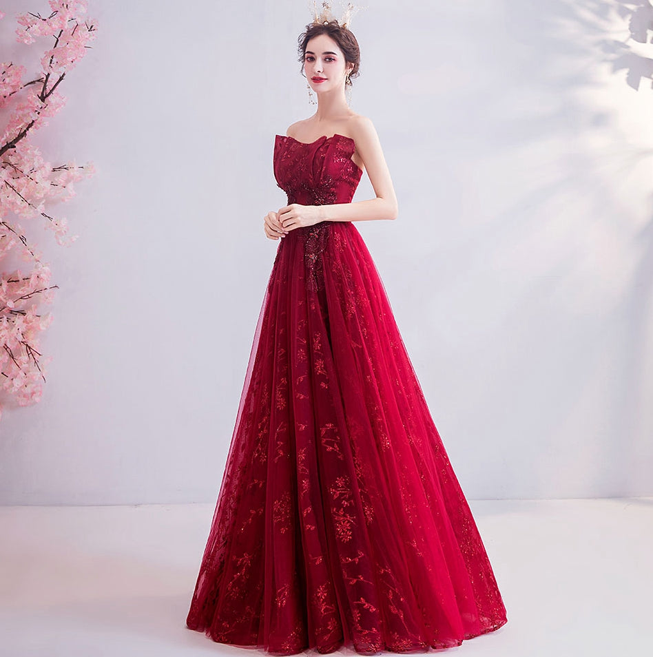 Burgundy lace long prom dress evening dress  8202