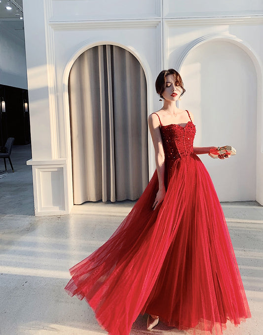 Süßes langes Abschlussballkleid aus Tüllperlen mit Herzausschnitt, formelles Kleid 7965