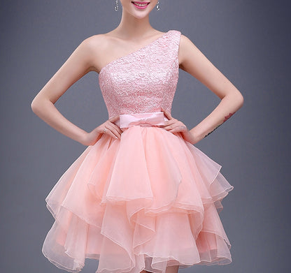 Charming A-line pink lace one shoulder short prom dress,homecoming dresses  7704