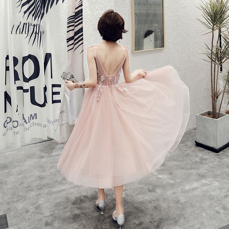 Pink v neck tulle lace short prom dress, evening dress  7987